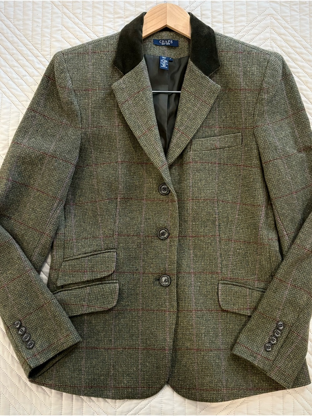 Chaps Olive Green Plaid Wool Tweed Blazer with Velvet Collar, Size 8